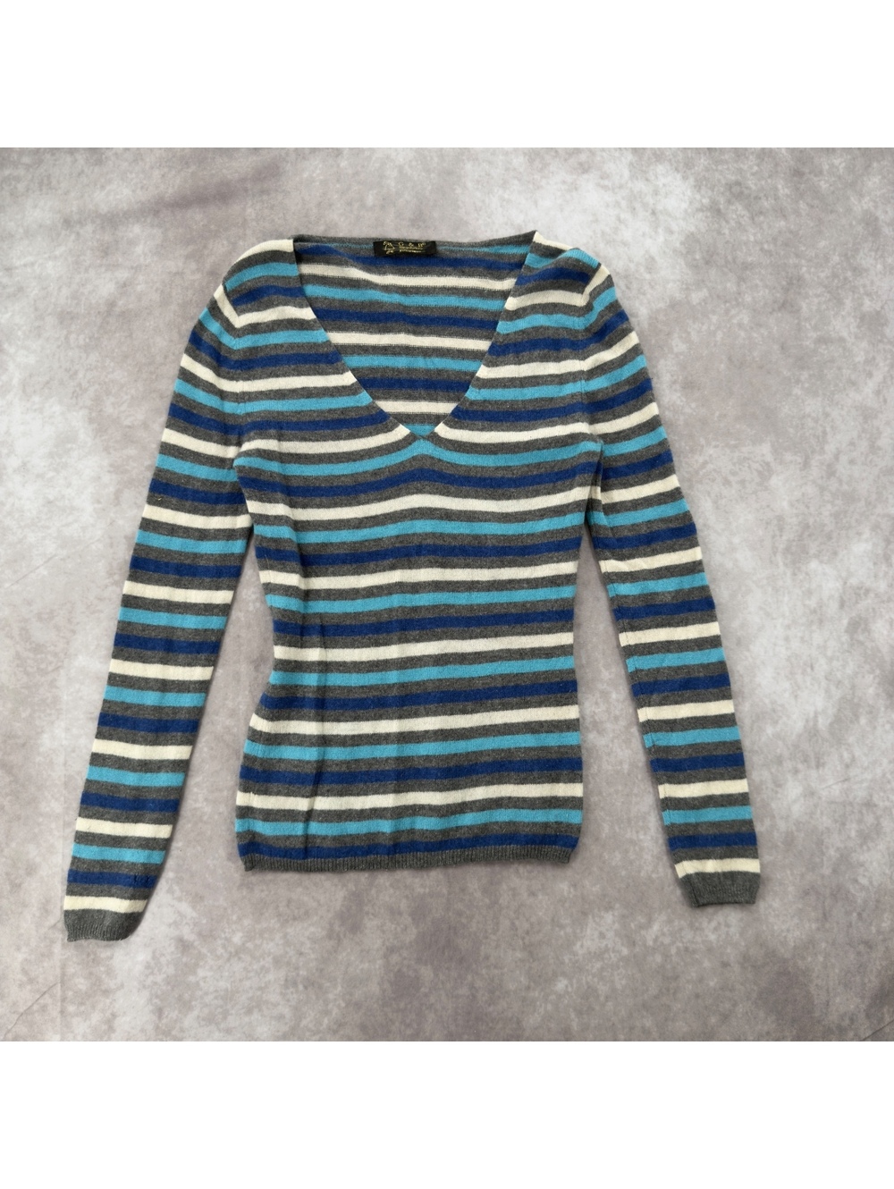 Vintage 90s Giorgio Barbara Striped 100% Cashmere V-Neck Sweater Blue Grey Y2K
